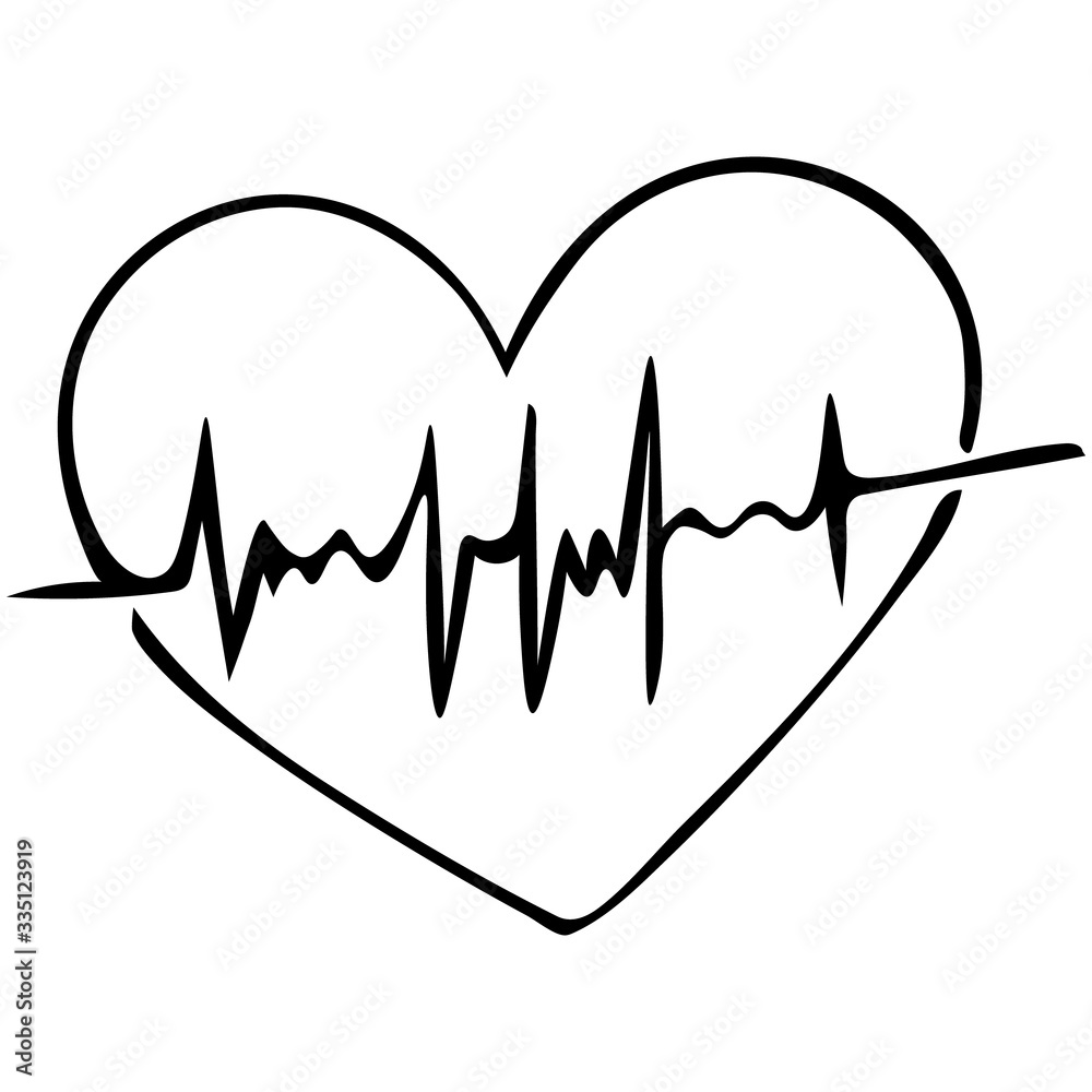 Heart with pulse. Sketch. Cardiology. Vector illustration. Outline on an isolated background. Doodle style. Examination of the patient. Assessment of arterial pulsation. A vital biological process. 