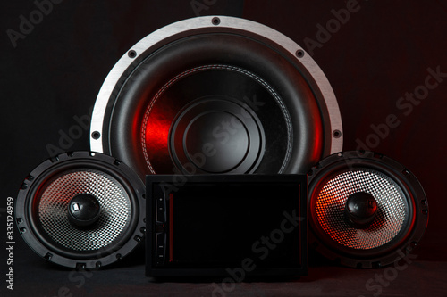 Car audio system on a black background.Subwoofer.