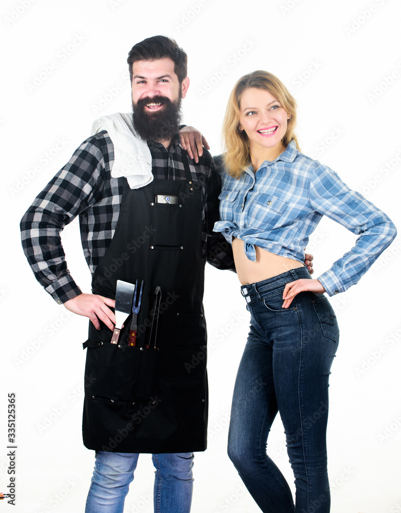 Man bearded hipster and girl ready for barbecue white background. Backyard barbecue party. Family bbq ideas. Delicious grilled recipes. Couple in love getting ready for barbecue. Picnic and barbecue Man bearded hipster and girl ready for barbecue white background. Backyard barbecue party. Family bbq ideas. Delicious grilled recipes. Couple in love getting ready for barbecue. Picnic and barbecue