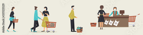 Grocery store during epidemic of virus.Cashier in protective medical mask is behind cash register serves customers who are waiting in line at a safe distance.Teller's workplace in supermarket.Vector