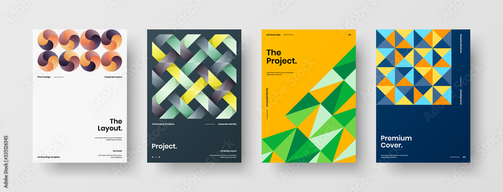 Fototapeta premium Company identity brochure template collection. Business presentation vector A4 vertical orientation front page mock up set. Corporate report cover abstract geometric illustration design layout bundle.