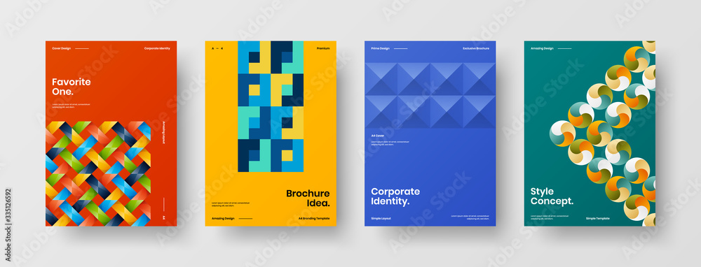 Company identity brochure template collection. Business presentation vector A4 vertical orientation front page mock up set. Corporate report cover abstract geometric illustration design layout bundle.