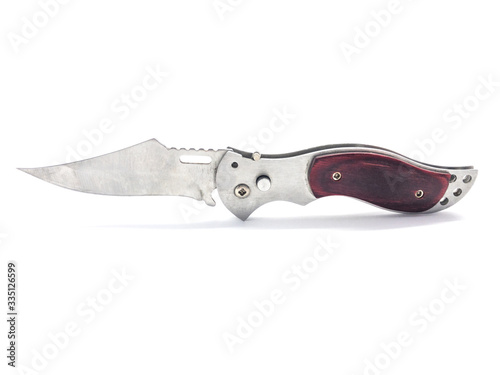 Folding knife Isolated on a white background. Metal multifunctional knife. Weapons.
