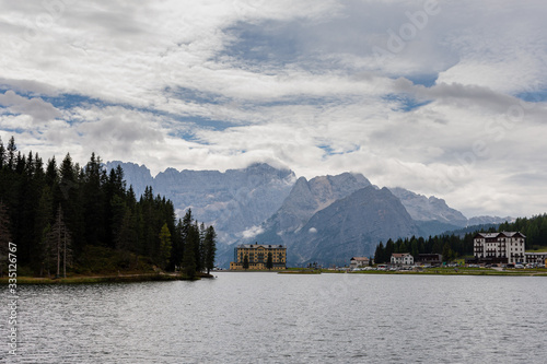 Panoramic view of Lake Misurina on a cloudy autumn day