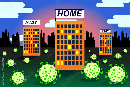 Landscape with the image of viruses surrounding multi-storey buildings. On the roofs of the buildings are banners calling to stay at home.
