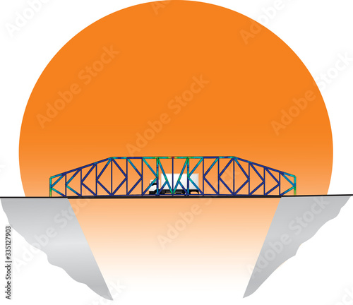 Finite element analysis of a bridge between two cliffs being crossed by a truck - orange background