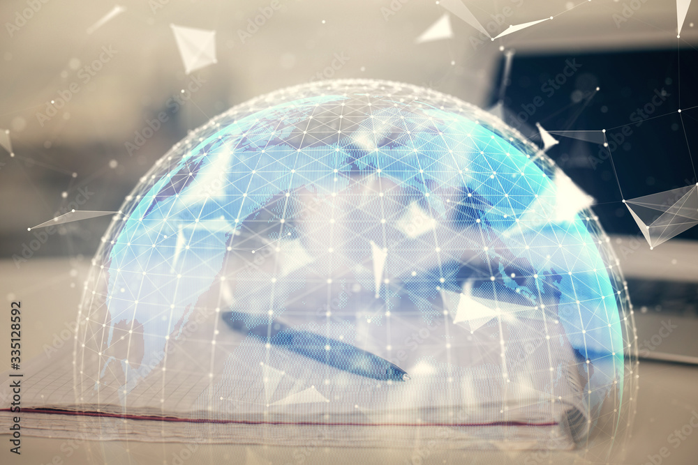 Double exposure of business theme drawings and desk with open notebook background. Concept of international market Double exposure of business theme drawings and desk with open notebook background. Concept of international market