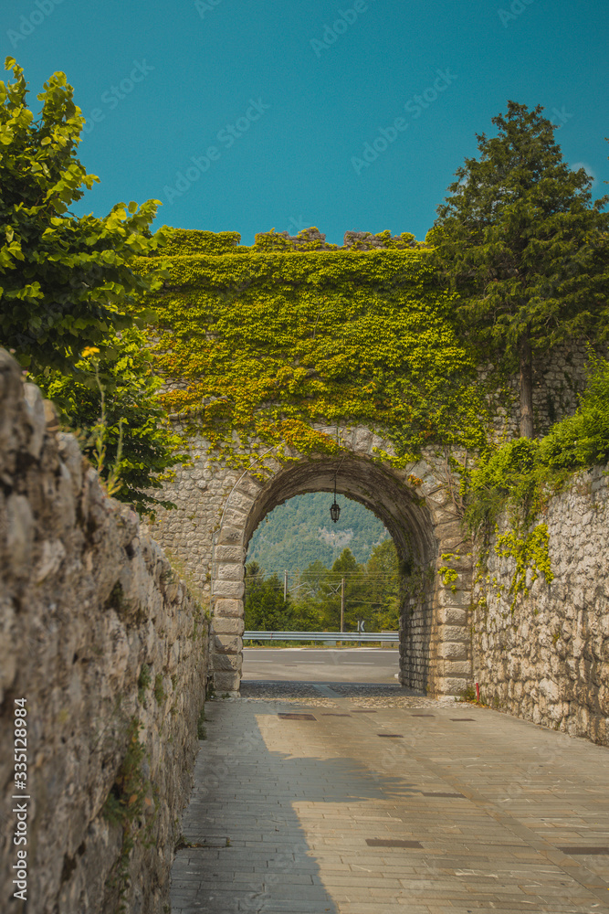 Stone arch made to enter the city through the city walls of medieval town of Venzone in northern Italy. Beautiful arch covered in green foliage