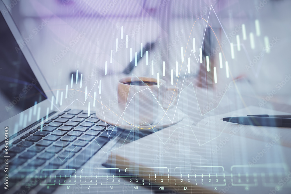 Double exposure of financial chart drawing and desktop with coffee and items on table background. Concept of forex market trading Double exposure of financial chart drawing and desktop with coffee and items on table background. Concept of forex market trading