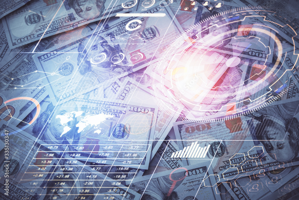Double exposure of data theme drawing over us dollars bill background. Technology concept. Double exposure of data theme drawing over us dollars bill background. Technology concept.