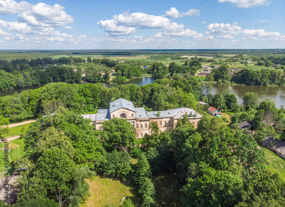 Destroyed old manor near the village of Aleksino, Smolensk region, Russia, aerial photography