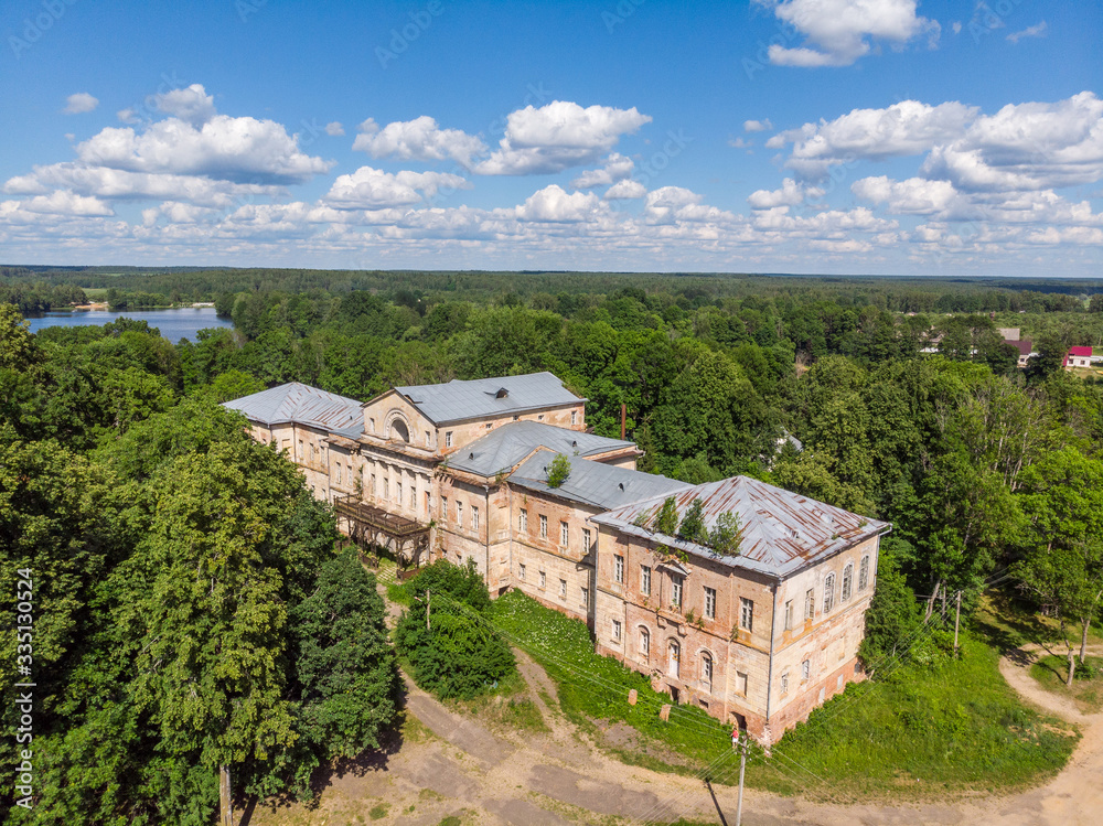 Destroyed old manor near the village of Aleksino, Smolensk region, Russia, aerial photography Destroyed old manor near the village of Aleksino, Smolensk region, Russia, aerial photography