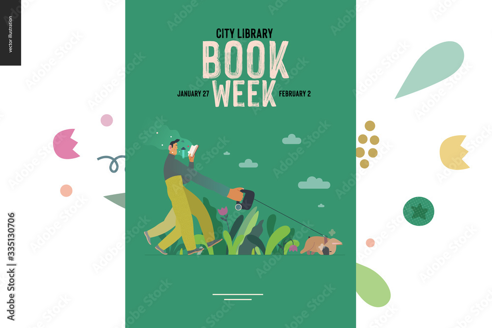 World Book Day graphics, dog walk poster template, book week events. Modern flat vector concept illustrations of reading people -a man reading a book with enthusiasm, walking a bulldog pulling a leash