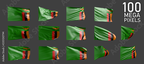 Zambia flag isolated - various images of the waving flag on grey background - object 3D illustration