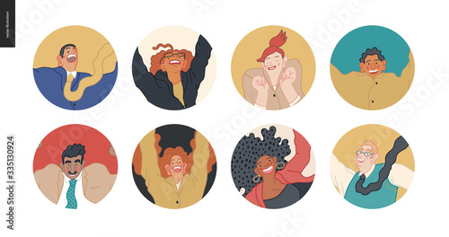 Happy business employee man and woman avatars jumping in the air cheerfully. Modern flat vector concept illustration of a happy jumping office workers userpics. Feeling and emotion concept.