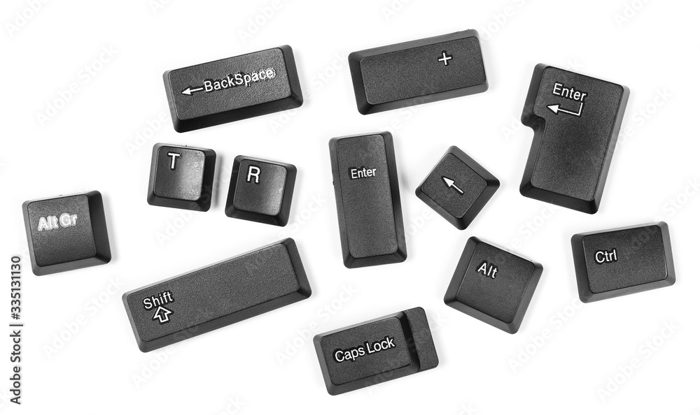 Computer, pc keyboard keys isolated on white background and texture, top view Computer, pc keyboard keys isolated on white background and texture, top view