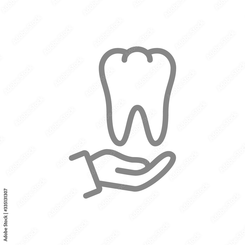 Human tooth on hand line icon. Healthcare, medical treatment, disease prevention symbol Human tooth on hand line icon. Healthcare, medical treatment, disease prevention symbol
