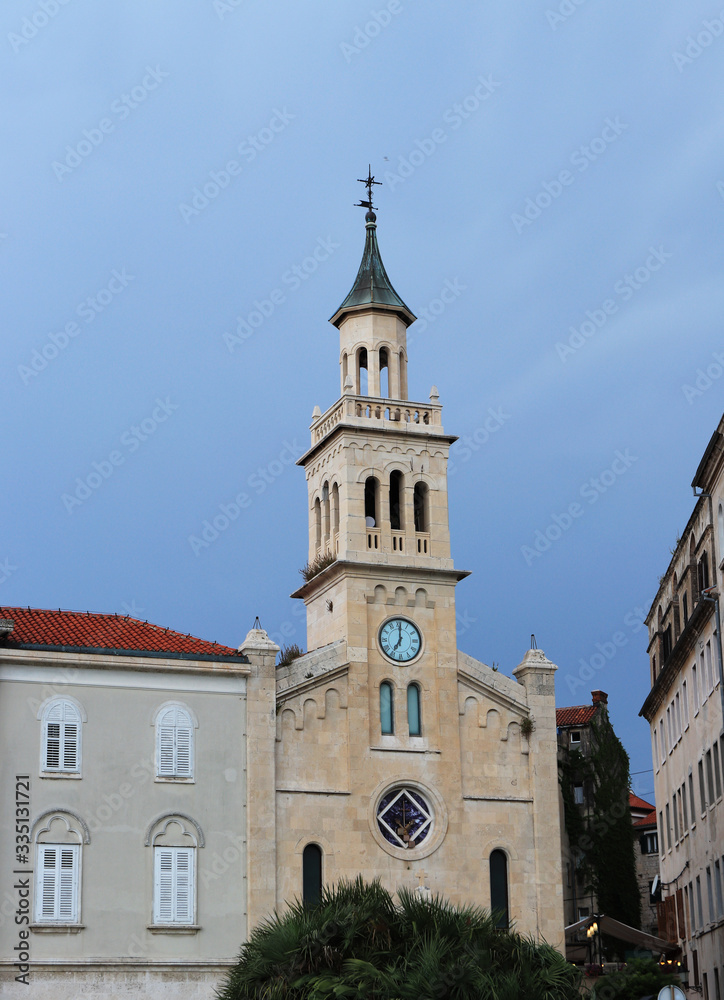 Old-fashioned church in Split, Croatia, Europe. The church and monastery of St. Frane, Split at storm. Czech on vacation in Croatia. Concept of old architecture from middle ages