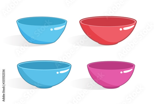 Empty plastic bowls of different forms with shadows isolated on white background. Set of vector dish icons.