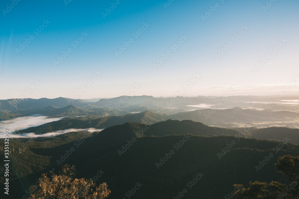 beautiful landscape of mount warning in australia mountains and tress with blue sky at morning