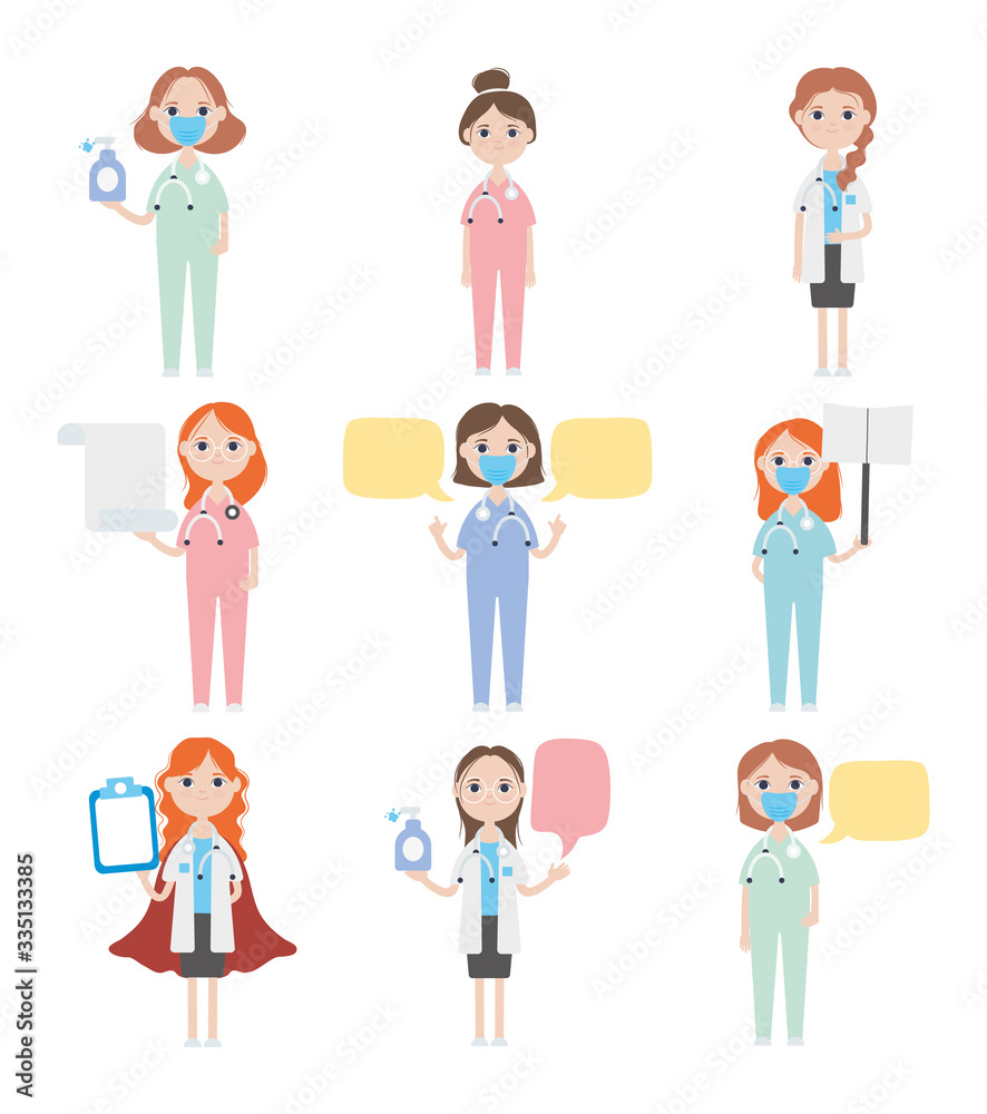 cartoon doctors women with speech bubbles icon set, flat style cartoon doctors women with speech bubbles icon set, flat style