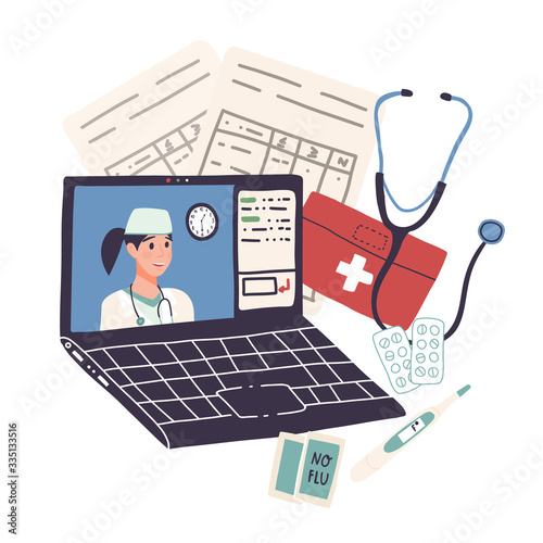 Online doctor consultation,distant healthcare on quarantine or self-isolation concept.Video call for medical exam on laptop,analysis tests on paper,stethoscope,no flu meds,pills,electronic thermometer