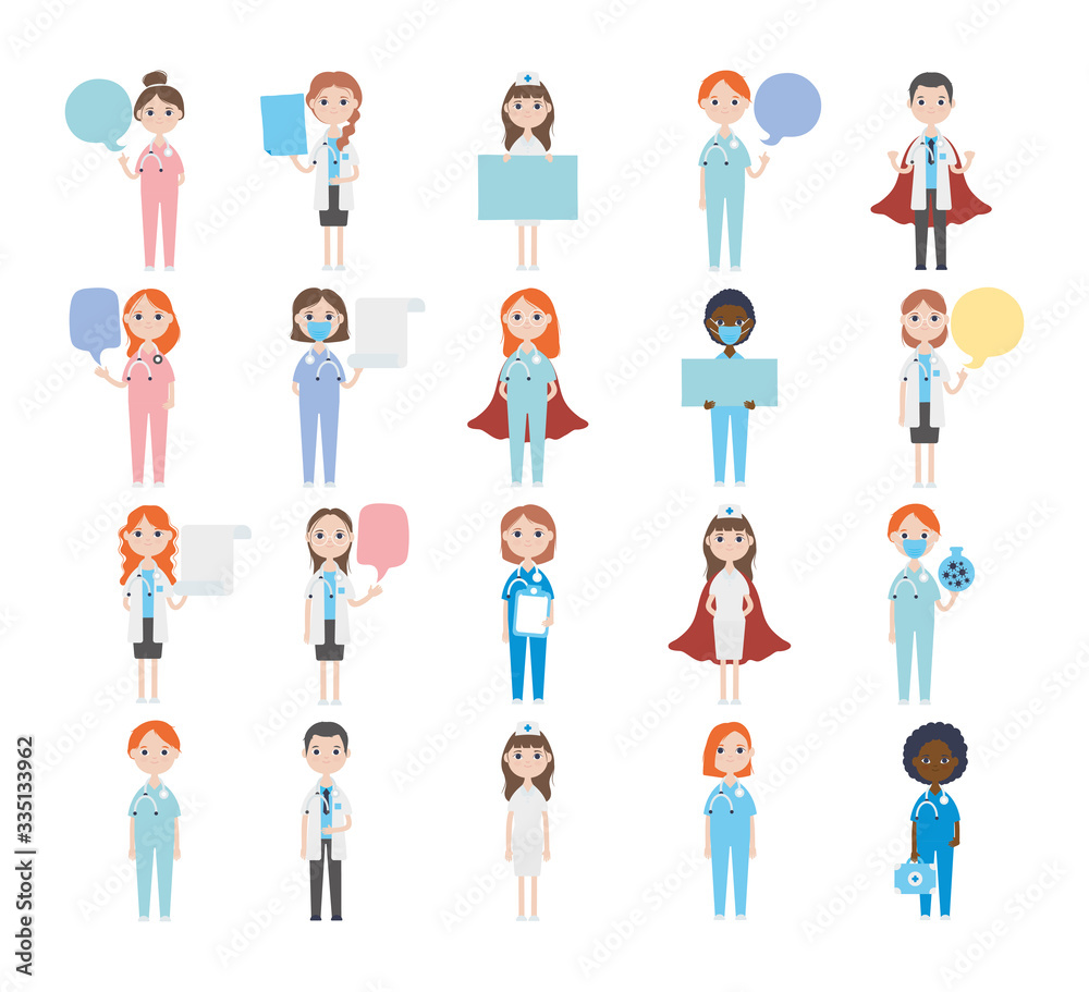 cartoon medical staff standin icon set, flat style cartoon medical staff standin icon set, flat style