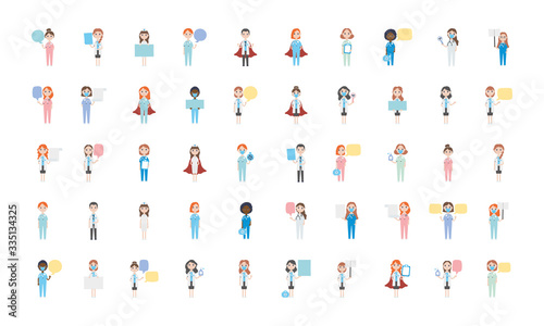 cartoon women and men doctors and medical staff icon set, flat style