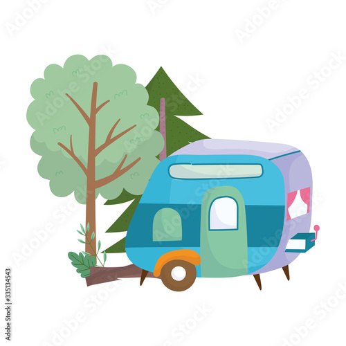 camping trailer trees forest trunk cartoon isolated icon design