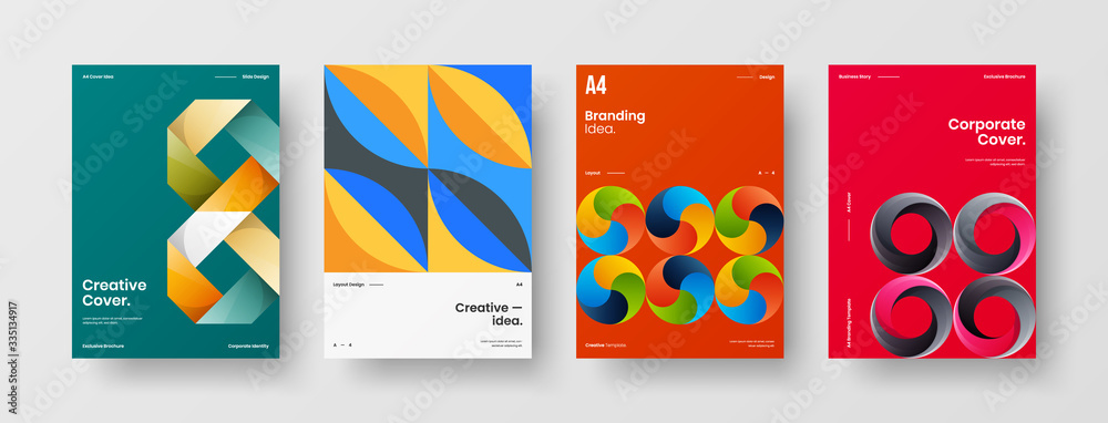 Naklejka premium Company identity brochure template collection. Business presentation vector A4 vertical orientation front page mock up set. Corporate report cover abstract geometric illustration design layout bundle.