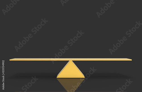 3d rendering. Empty blank golden triangle balance scale with clipping path on dark gray background.