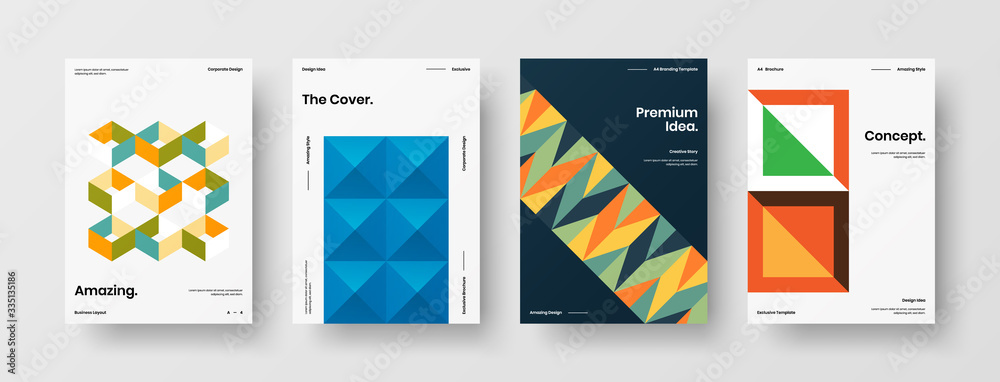 Company identity brochure template collection. Business presentation vector A4 vertical orientation front page mock up set. Corporate report cover abstract geometric illustration design layout bundle.