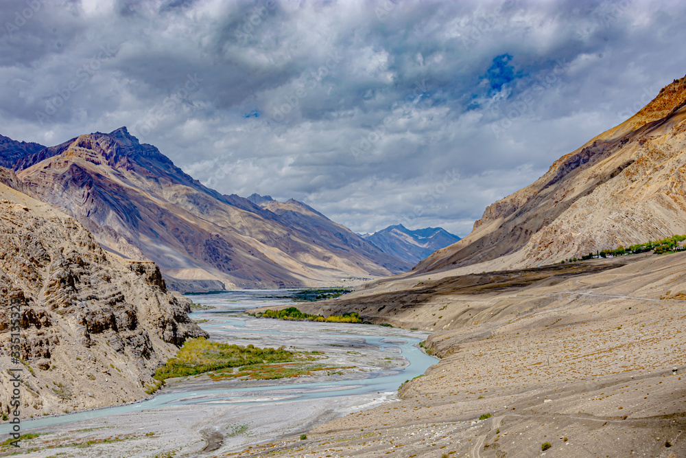 river in the mountains lonesome dessert with cloudy mountains