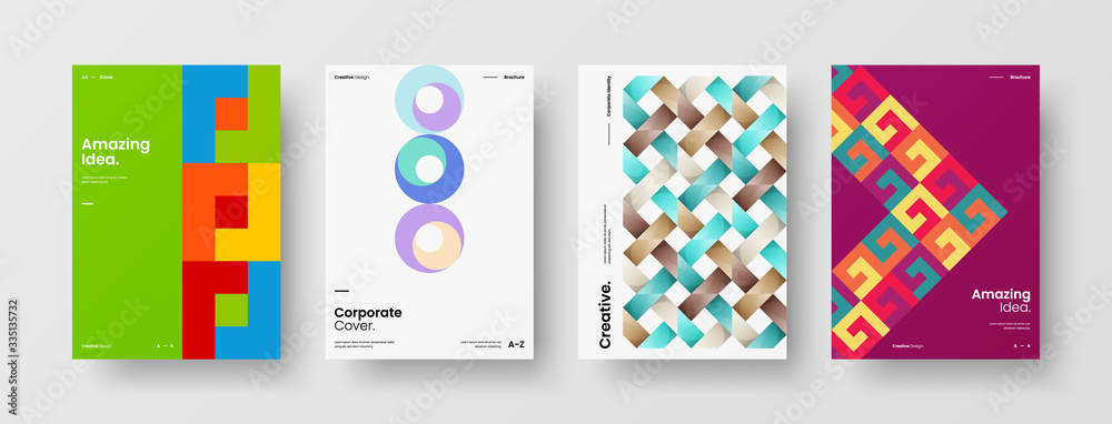 Obraz premium Company identity brochure template collection. Business presentation vector A4 vertical orientation front page mock up set. Corporate report cover abstract geometric illustration design layout bundle.