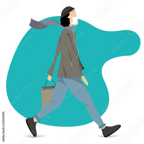 Vector. The man is walking to shop in the mask and headphones. Urban style. Protection from 2019-nCoV, COVID-19, SARS-CoV-2, coronavirus, virus, flu, disease, air pollution.