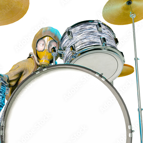 radioactive cartoon is playing drum in white background close up photo
