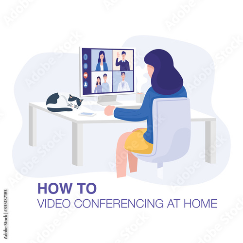 Video conferencing at home, Woman having video call meeting with clients at home. Vector