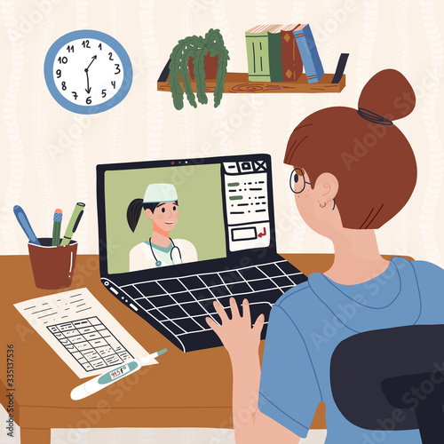 Girl with temperature having doctors online video consultation from home in her laptop app. Quarantine health care, self-isolation, distant medical help concept. Flat vector hand drawn illustration.