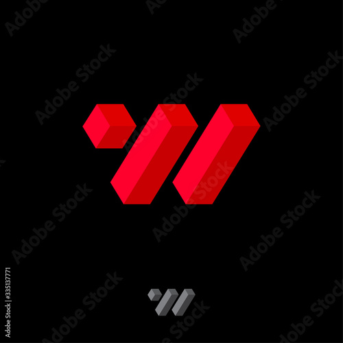 W letter logo. Red W monogram consist of volume elements. 3D illusion. Web icon.
