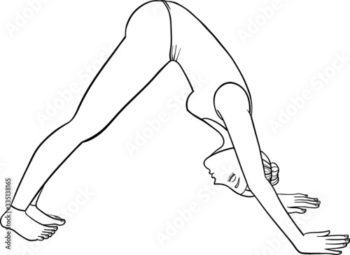 A young barefoot woman is doing yoga. Image of a girl in leggings and tank top standing in asana. Vector outline illustration drawings isolated on a white background.
