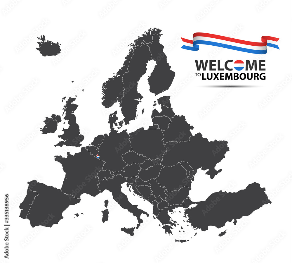 Obraz premium Illustration of a map of Europe with the state of Luxembourg in the appearance of the Luxembourgish flag and Luxembourgish ribbon isolated on a white background