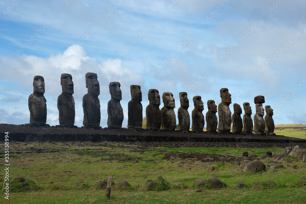 Moai statues in the Rano Raraku Volcano in Easter Island, Rapa Nui Park, Chile