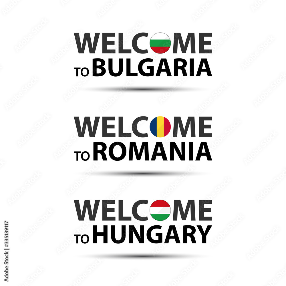Welcome to Bulgaria, welcome to Romania and welcome to Hungary symbols with flags, simple modern Bulgarian, Romanian and Hungarian icons isolated on white background Welcome to Bulgaria, welcome to Romania and welcome to Hungary symbols with flags, simple modern Bulgarian, Romanian and Hungarian icons isolated on white background