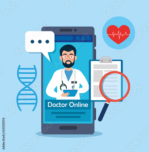 doctor online technology with smartphone and icons vector illustration design