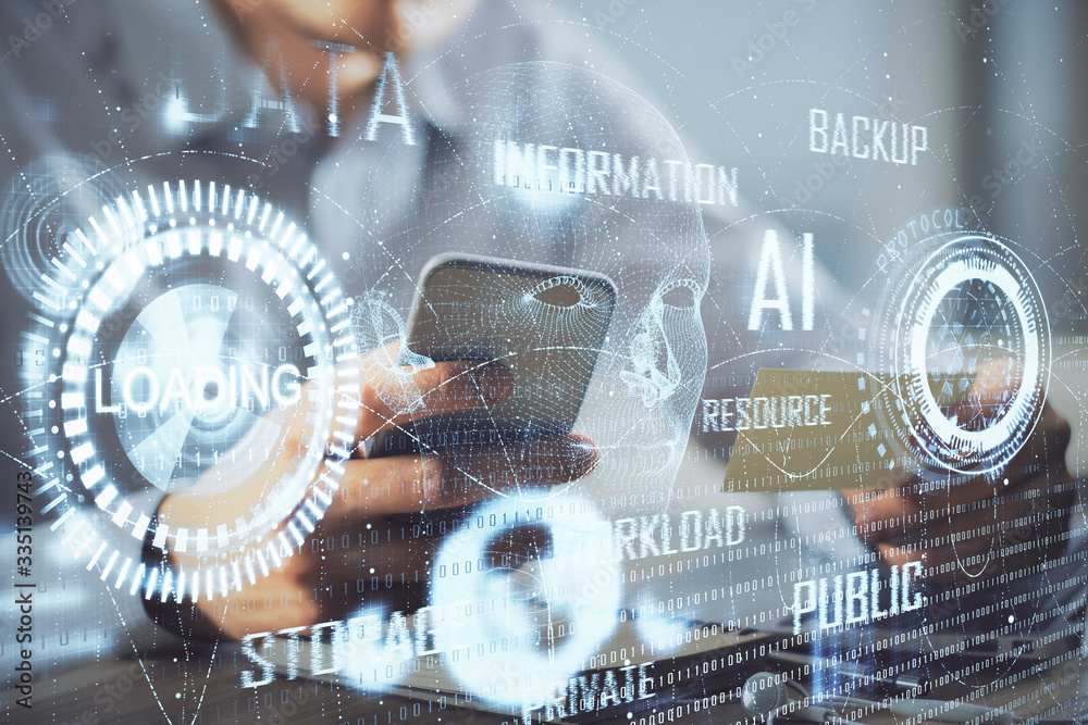 Multi exposure of man's hands holding and using a digital device and data theme drawing. Innovation concept.
