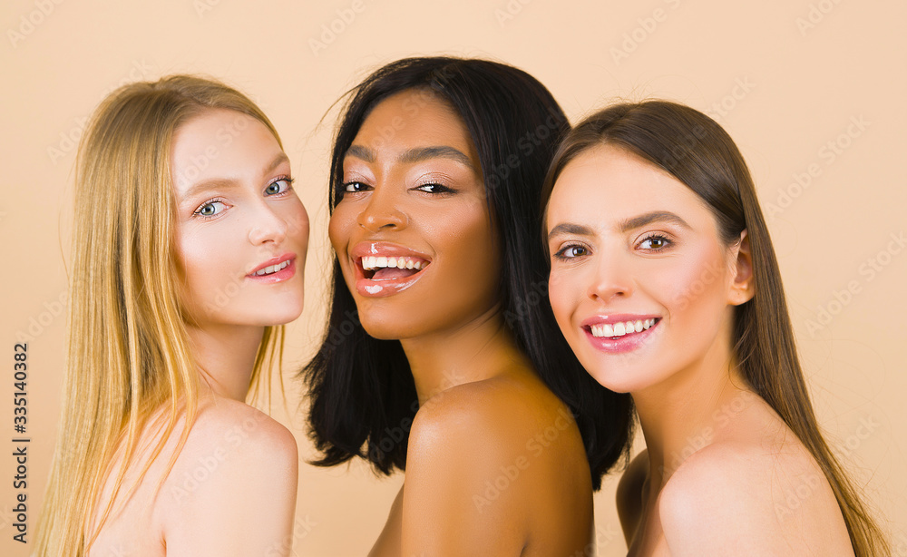 Skin tone. Multi-ethnic beauty. Different ethnicity women - Caucasian,  African, Asian. Beauty. Smiling womans with perfect face skin and natural  makeup portrait. different types of skin. Photos | Adobe Stock