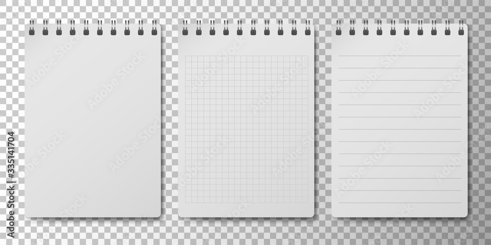 Realistic 3D notepad or notebook set with clean white empty papper page isolated on transparent background. Memo spiral note pad with lined and squared page templates. Vector illustration