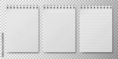 Realistic 3D notepad or notebook set with clean white empty papper page isolated on transparent background. Memo spiral note pad with lined and squared page templates. Vector illustration