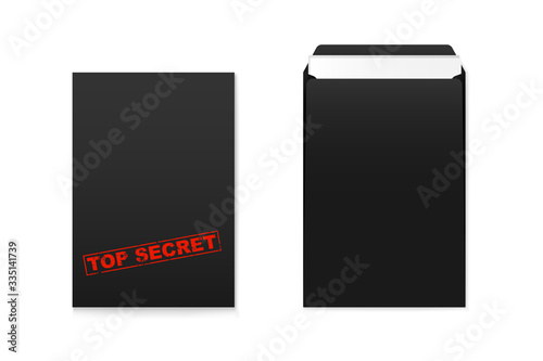 Vector mockup set of Black a4 paper envelope with red top secret stamp. Dark vertical postage closed and open cover template. 3d illustration for your corporate identity design. Back and front view