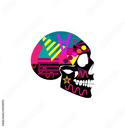 Skull icon side view with abstract elements, stars and stripes.